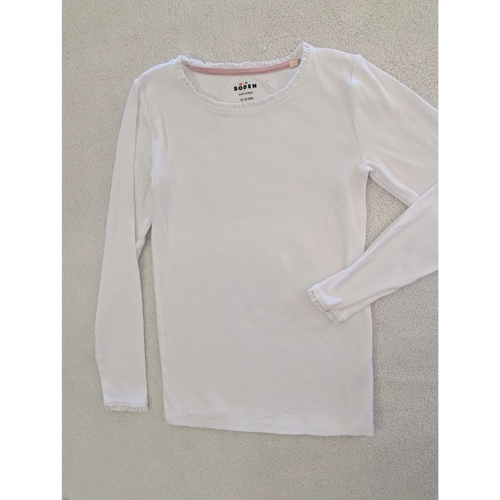 Mini Boden Girls White Ribbed Long Sleeve Lace Trim Top Size 12-13Y